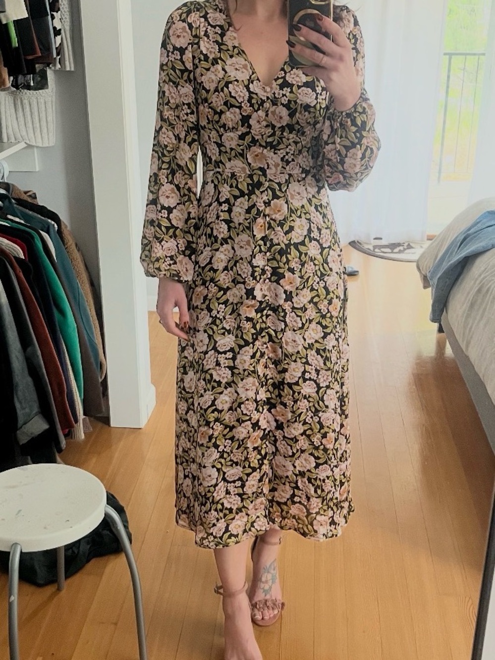 MINKPINK Black Maxi Dress with Pink Rose Floral Print